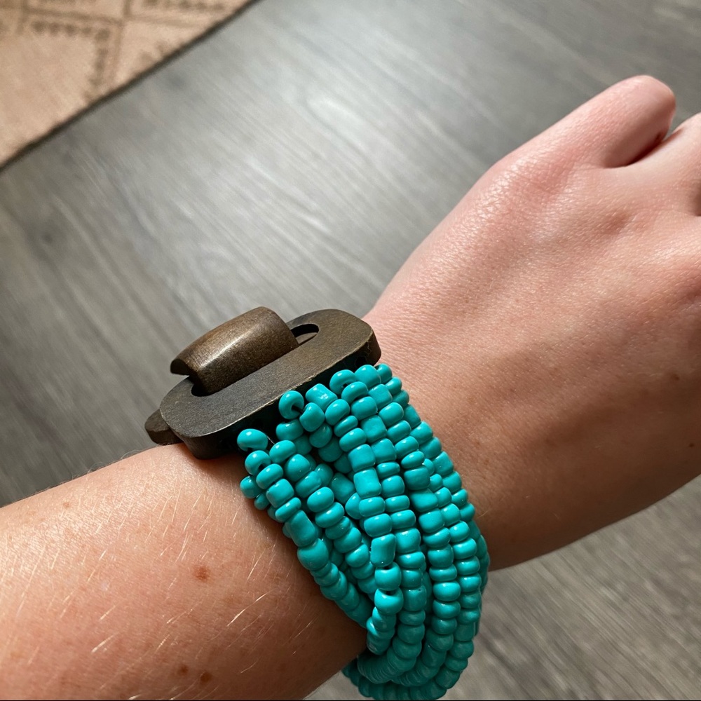 Wooden and beaded bracelet Blue Green Aqua Teal